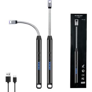 2 PCS Candle Lighter, Electric Lighter Arc Windproof Flameless with 360 Flexible Neck & LED Power Display, Lighters for Candle for BBQ, Grill, Camping, Fireplace, Stove (Black)