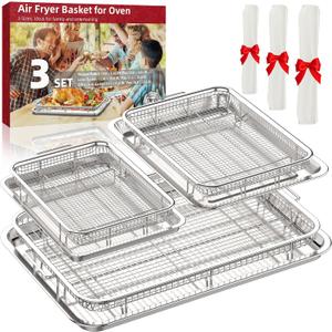 Air Fryer Basket for Oven, 3 Set Stainless Steel Oven Air Fryer Basket and Tray with 90 PCS Parchment Papers, OPENICE Air Fryer Pans and Crisper Tray - 18.7" x 12.8", 15.6" 11.6" & 12.8" 9.6"