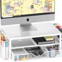 OPNICE Desk Organizers and Accessories, 2-Tier Computer Monitor Stand Riser with Drawer and 2 Pen Holders, Laptop Stand, Office Desk Accessories for Office Supplies, White