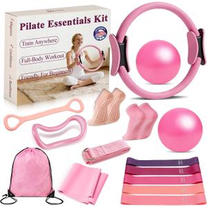 Pilates Ring and Small Ball Set for Women with 5 Resistance Bands, 14 inch Magic Circle Home Workout Essentials Starter Kit for Beginners, Yoga Sets for Full Body Toning Shape