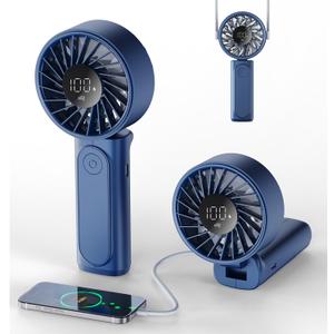 Handheld Fan, Portable Fan, 4000mAh Rechargeable Personal Fan, 180 Foldable Mini Desk Fan with 6 Wind Speed, LCD Digital Display, Lanyard as Neck Fan, Ultra Quiet, Pocket Size for Indoor Outdoor (Blue)