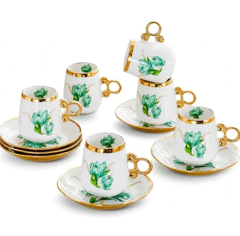 Porcelain Tea Cups and Saucers Set with Gold Trim - Elegant Green Floral Coffee Cups, Luxury Tea Party Set, Wedding Gift (Green 100ml 6 cups 6 plates)