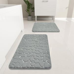 YIHOUSE Bathroom Rugs Sets 2 Piece, Cobblestone Memory Foam Bathroom Mats Set Extra Thick, Non Slip Bath Mats for Bathroom, Water Absorbent, Washable Light Grey Bath Rugs for Tub, Toilet and Floor