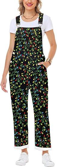 Womens Christmas Bibs Overalls Xmas Denim Coveralls Stretch Jeans Jumpsuit (Large, Christmas Lights)
