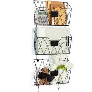 OYEAL Hanging Wall File Organizer Metal Wall File Holder 3 Pockets Mail Organizer Wall Mounted with Hooks for Office Home, Black