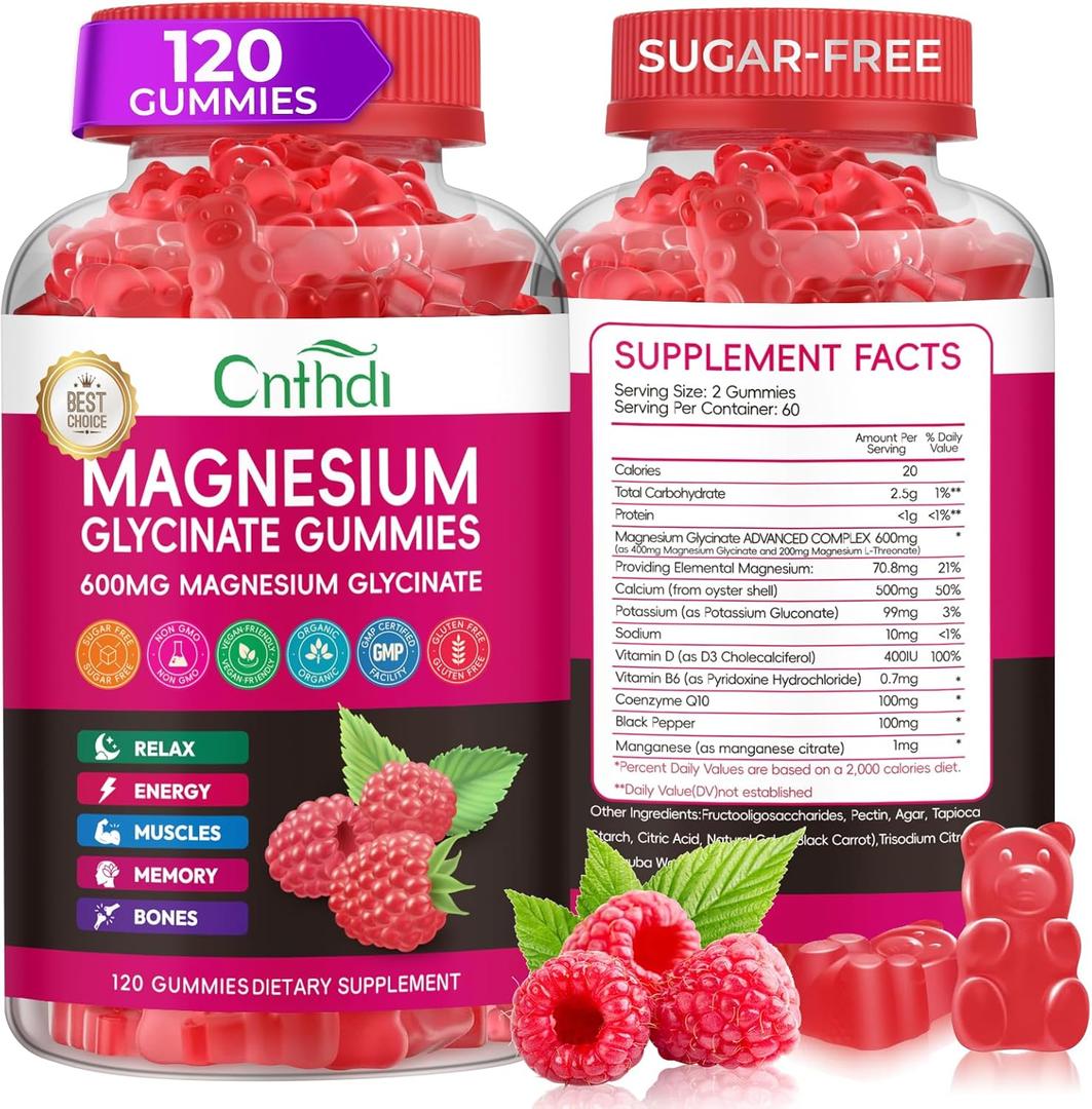 Magnesium Glycinate Gummies 600mg, High Absorption Magnesium Gummies with L-Threonate, Black Currant Oil, Calcium, Vitamin B6, Sugar Free Chews for Adults & Kids Relaxation, Stress Relief, Night Rest (120 Count (Pack of 1))