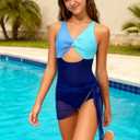Funnycokid Girls One Piece Swimsuit Color Block Teen Bathing Suit with Pad Cover Up Skirt(7-16Y)