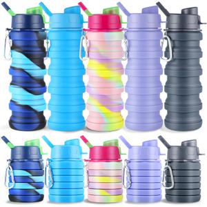 5 Pcs Collapsible Water Bottles, 16 oz Portable Foldable Water Bottle with Metal Clip Silicone Leakproof Travel Waters Bottle Reusable Sports Waters Bottles for Travel Camping Hiking Cycling