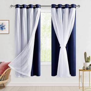 Hiasan Blackout Curtains with Sheer Overlay, Thermal Insulated Privacy Mix and Match Double Layer Window Curtains for Bedroom, Living Room, 2 Drape Panels Sewn with Tiebacks, Navy Blue, 52W X 63L (52"W x 63"L (Pack of 2), Navy Blue)