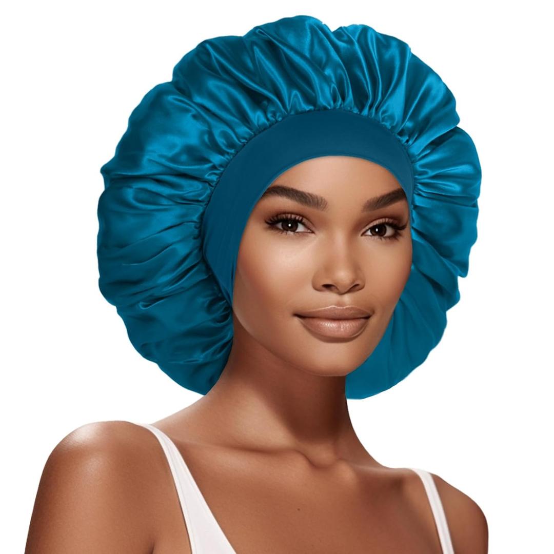 Extra Large Satin Bonnet Hair Cap, 17inches Silk Bonnet for Sleeping, Jumbo Silk Sleep Cap for Women Braids Curly Hair Locs 1Pcs (Teal)