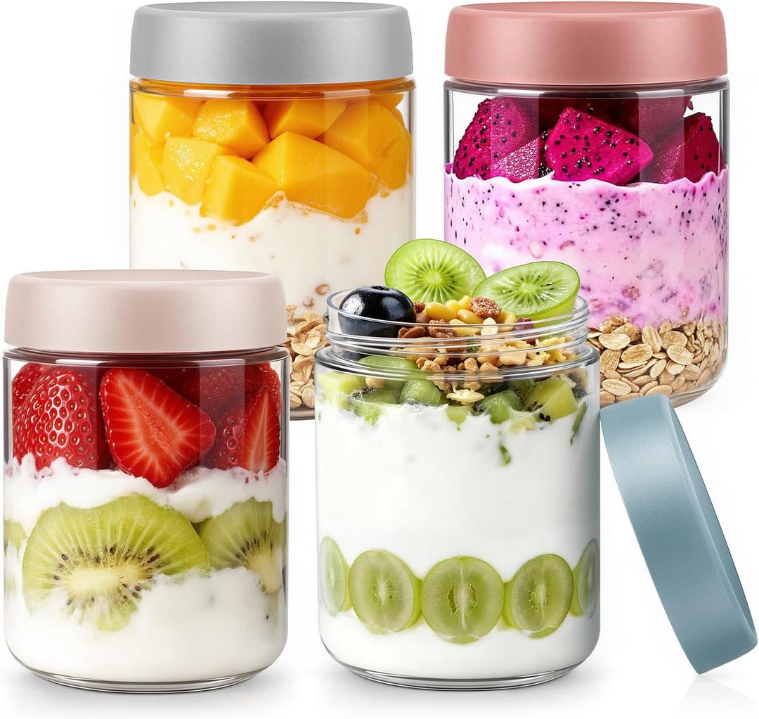 4 pack 16 oz Overnight Oats Containers with Lids and Spoons Glass Jars with Airtight Lids: Wide Mouth Mason Salad Jars, Leakproof and Reusable Glass Food Storage Container for Yogurt Snacks Spice (Multicolor)