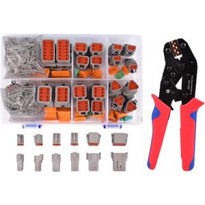 174Pcs 12 Kits DT Connector Kit With Ratcheting Wire Crimper for Deutsch Connector, 2 3 4 6 8 12 Pin Connectors Automotive Electrical Connectors With Size 16 Stamped Contacts IP68 Waterproof