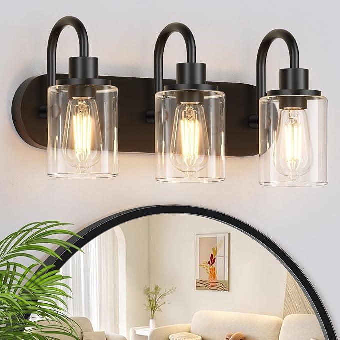 Baocuz 3Light Bathroom Light Fixtures, Black Vanity Light Farmhouse Wall Sconces with Clear Glass Shade, Modern Bathroom Wall Lamp for Mirror Bedroom Hallway Living Room Cabinet