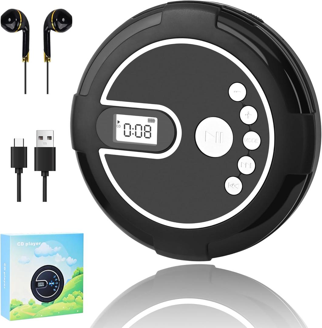 Portable CD Player with Dual Stereo SpeakersRechargeable Discman with Anti-Skip Protection, CD Player for Car and Travel by Rindol