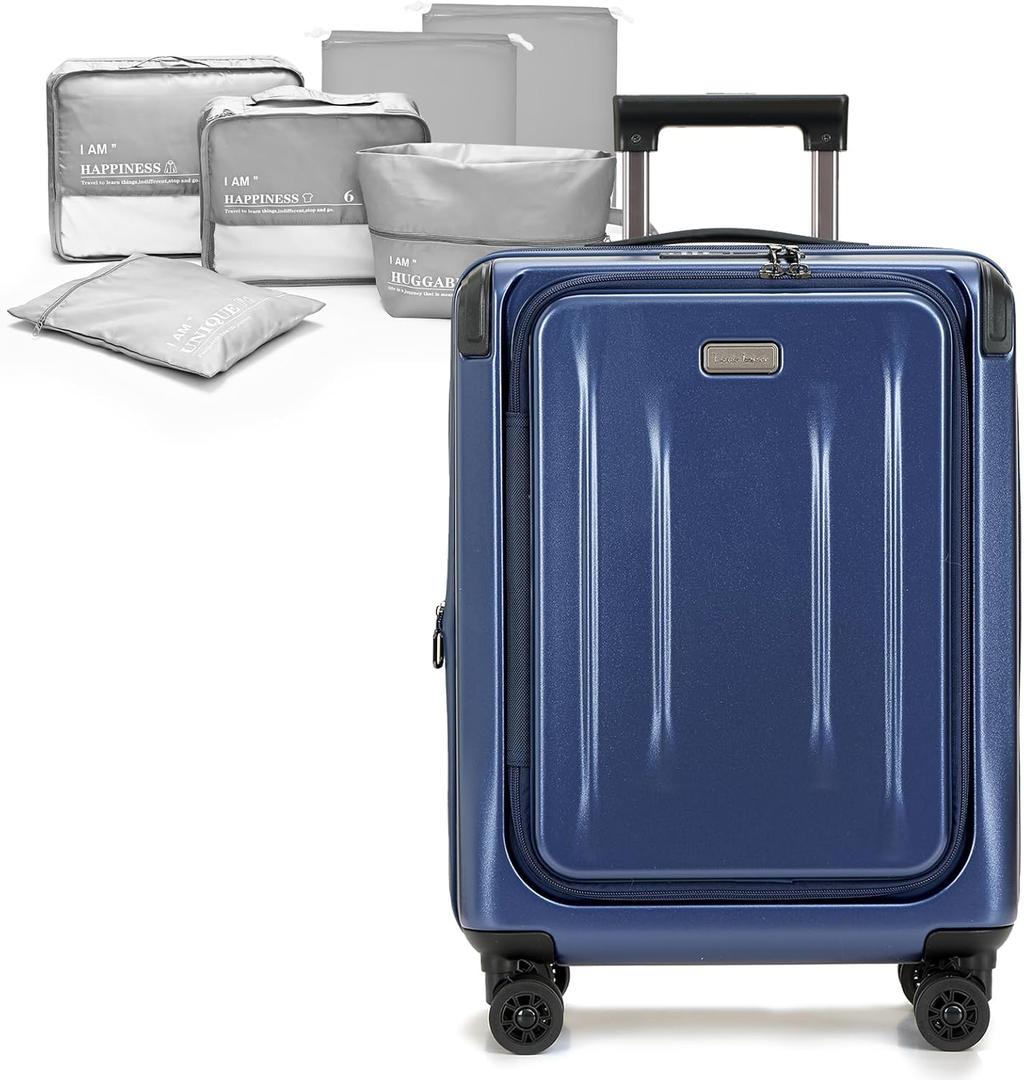 Carry On Luggage, 20 Inch Top Opening Aluminum Frame Lightweight Airline Approved ABS+PC Hard Shell Suitcases with Silent Wheels, TSA Lock, Front Pocket & Wet-dry Separated Six-piece Set (Dark Blue)