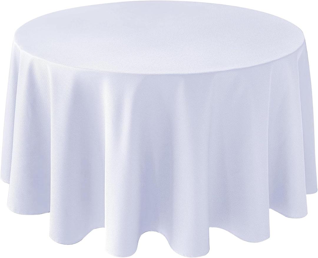 Biscaynebay Textured Fabric Round Tablecloths 90", White Water Resistant Table Cloths Circle Folding Table Covers Linen for Dining, Kitchen, Wedding and Parties etc.