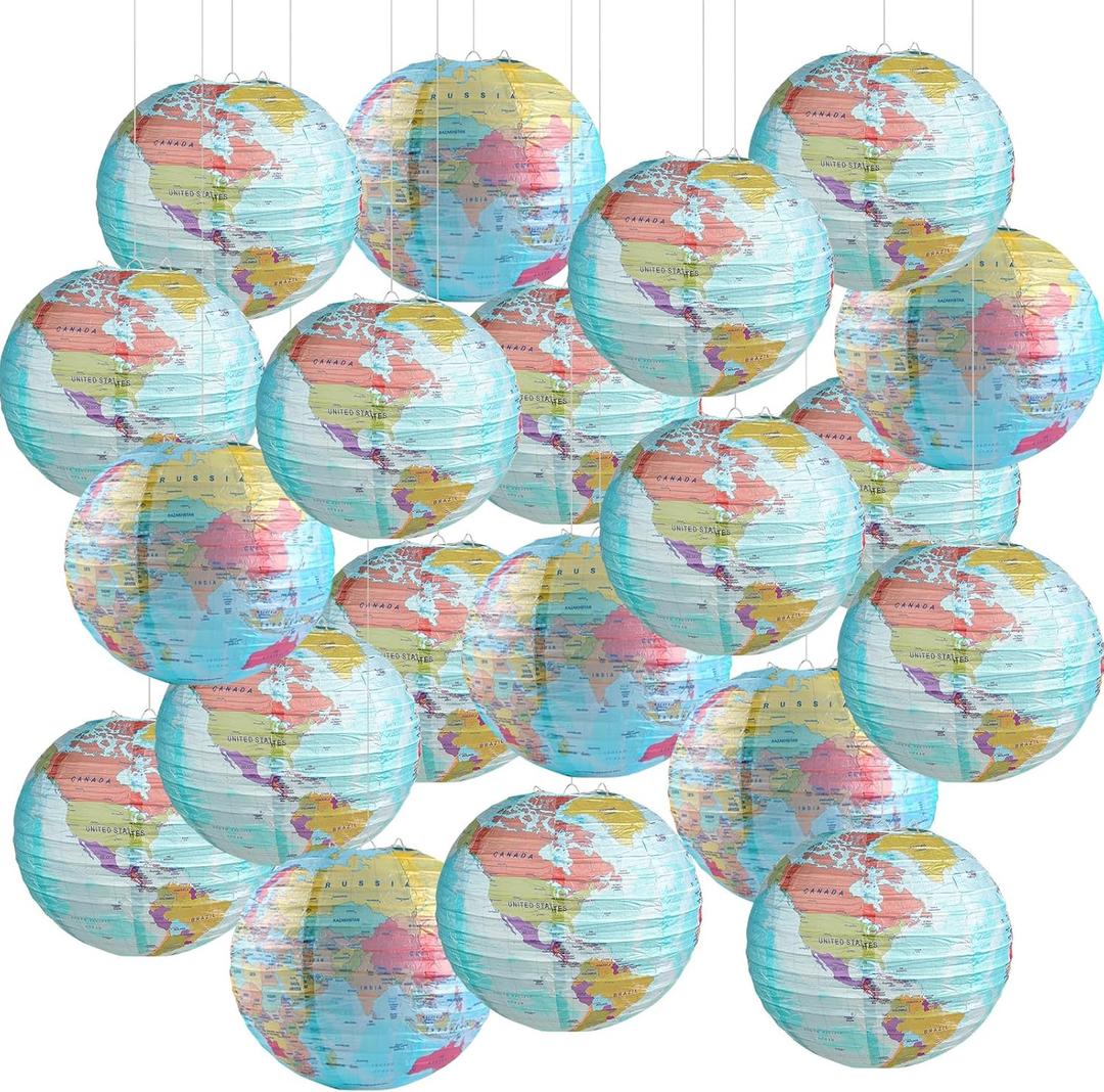 20 Pieces World Map Paper Lanterns 10 Inch Paper Globes Lanterns Map Classroom Lantern Decor Travel Map Hanging Paper Lantern for Home School Birthday Earth Theme Party Decor Supplies