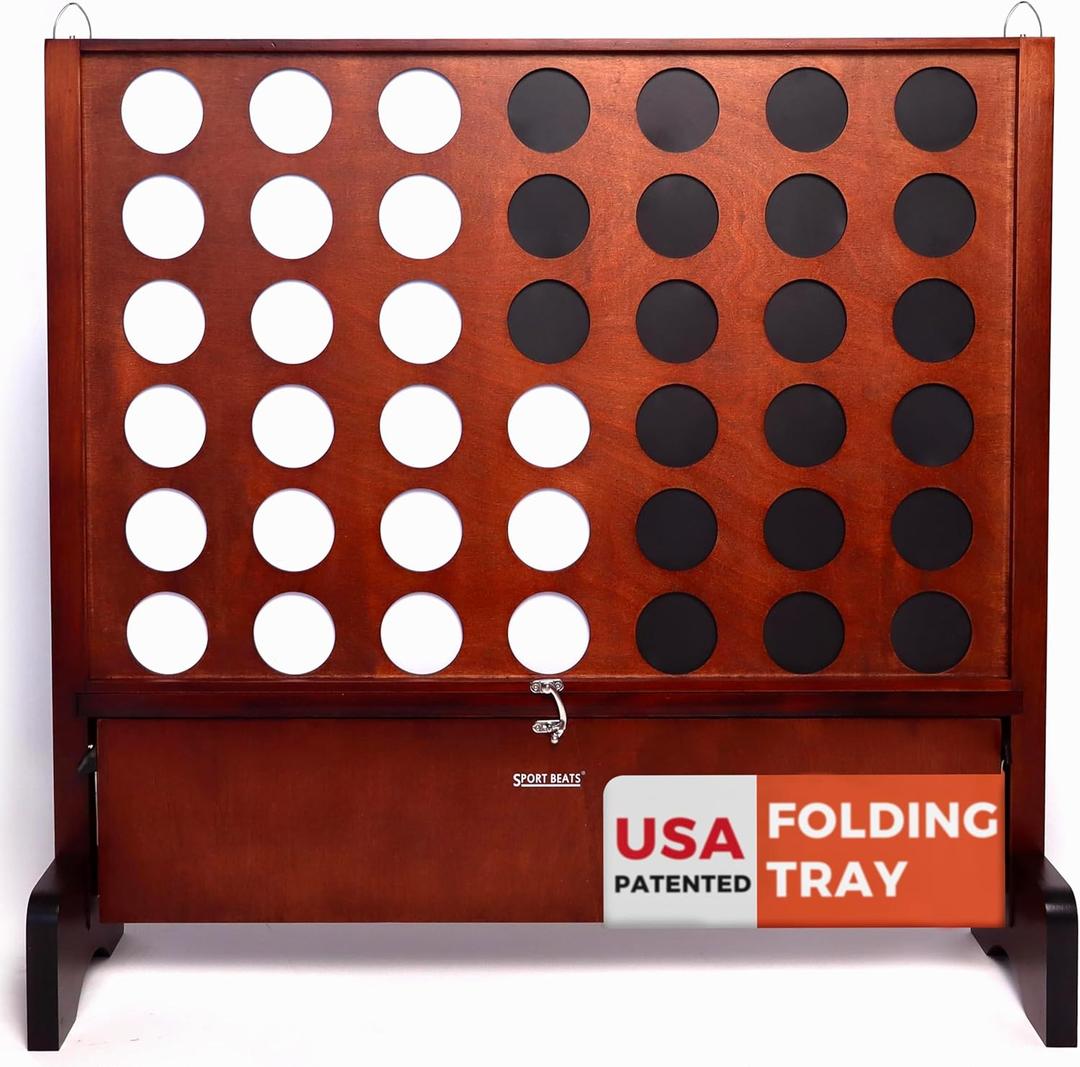 Giant Wooden 4 in a Row Connect Games with Folding Tray - Yard Outdoor Beach Games with Carrying Case - Two Styles to Play - Patented Product