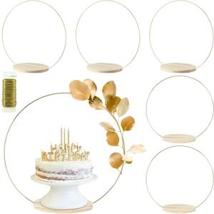 6 Pack Floral Hoop Centerpieces with Stand 18 Inches Metal Rings for Crafts DIY Centerpieces Table Decoration with Wooden Cake Stand Wedding Birthday Party Cake Holder, Gold