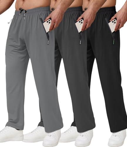 lomsoe 3 Pack Men's Athletic Pants with Zip Pockets, Lightweight Workout Sweat Pants Gifts for Men Black-L Grey-XL