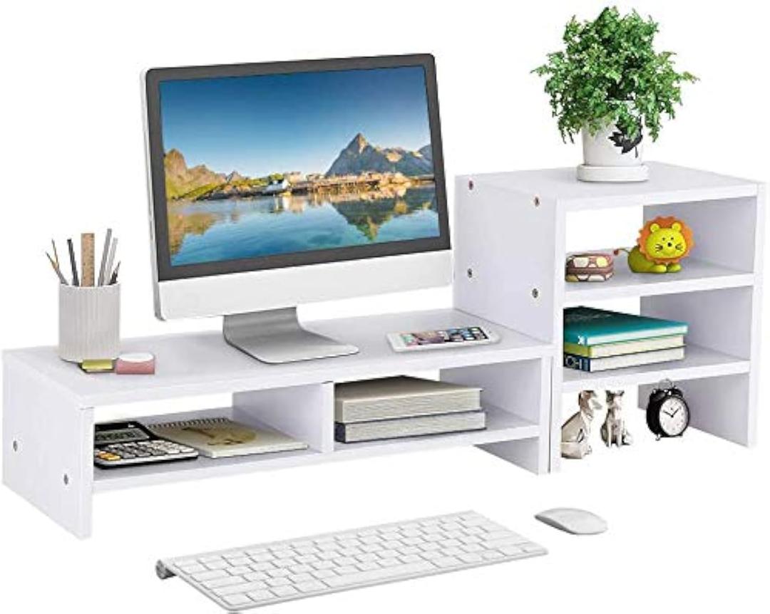 Desk Computer Monitor Stand Riser, Universal Wooden Laptop TV Desktop Monitor Stand with Storage Organizer, 2 Tier Computer Monitor Stands with Three Layer Storage Rack (White)