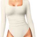 OQQ Women's Bodysuits Ruched Long Sleeve Square Neck Lounge Stretch Travel Bodysuits (Beige, M)