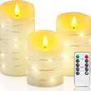 Homemory Flameless Candles with String Lights, 3 Pack Embedded Fairy String Lights LED Candles, Electric Flickering Candles with Remote Control and Timer, Real Wax, Ivory White