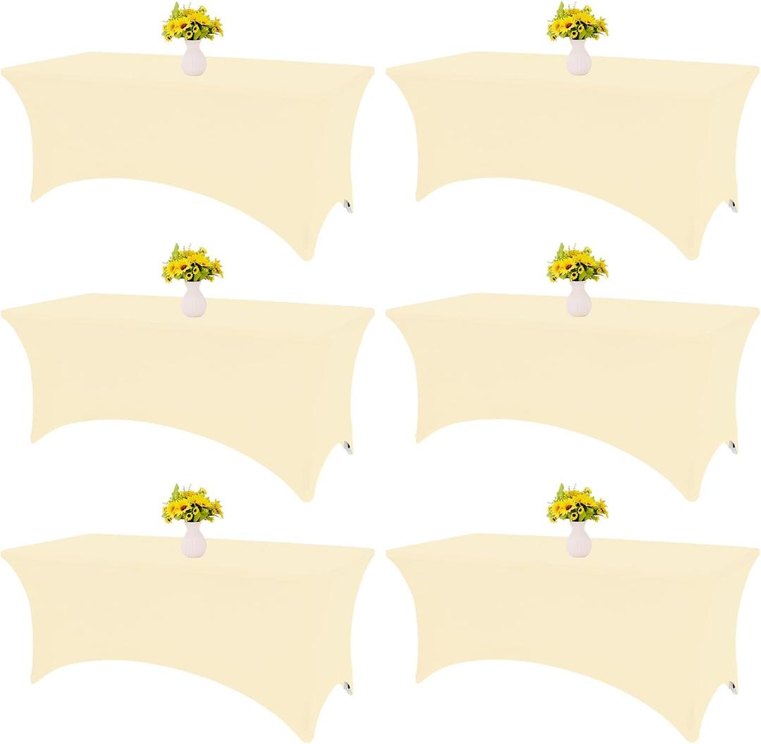 6 Pack Table Cloth 6ft Beige Tablecloths for Rectangle Folding Table Spandex Fitted Stretch Cover Wrinkle Resistant Washable Protector for Party, Wedding, Banquet, Festival.