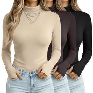 3 Pack Women's Long Sleeve Turtleneck T-Shirts, Thumbhole Slim Fit Base Layer Tops Mock Neck Thermal Underwears (Medium, Cream, Dark Brown, Black)