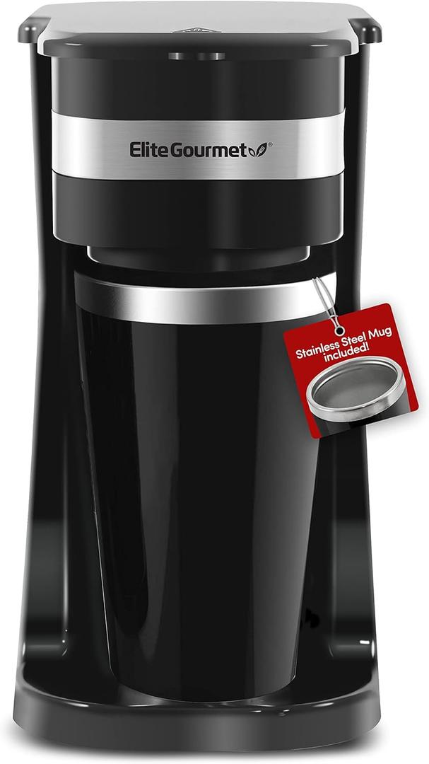 Elite Gourmet EHC114 Personal Single Serve Compact Coffee Maker Brewer Includes 14Oz. Thermal Travel Mug with Stainless Steel Interior, Compatible with Coffee Grounds, Reusable Filter, Black