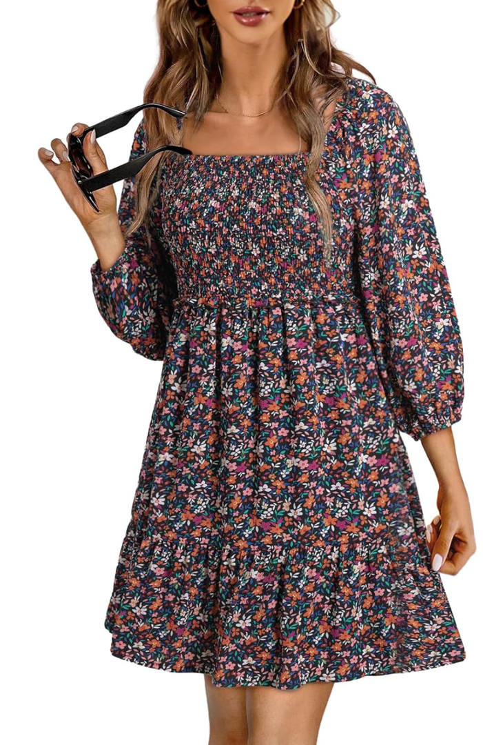 Dokotoo 2025 Women Summer Floral Print 3/4 Puff Sleeve Square Neck Dresses A-Line Casual Swing Mini Dress, L