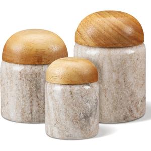 Suclain 3 Pcs Marble Salt Cellar with Wooden Lids Stone Salt Container & Spice Jars Canister Set for Flour, Sugar, Salt, Coffee, Tea, Cotton Swab Holder Storage