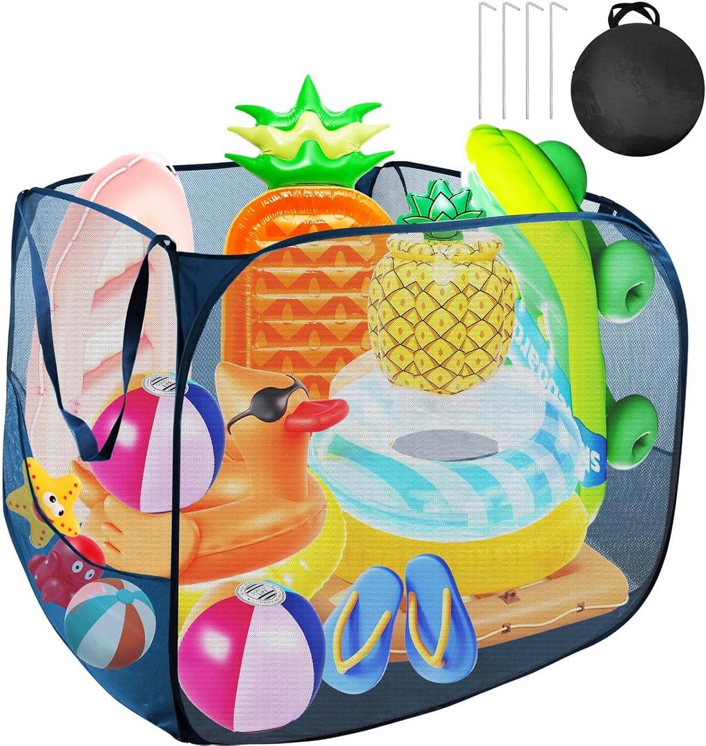 Pop up Pool Toy Storage Bin,32"X32"X30"Pool Float Organizer Bag with 2 Side Pockets Mesh Swimming Pool Toys Organizer with 4 Ground Nails for Inflatable Toys, Float, Beach Ball and Pool Accessories