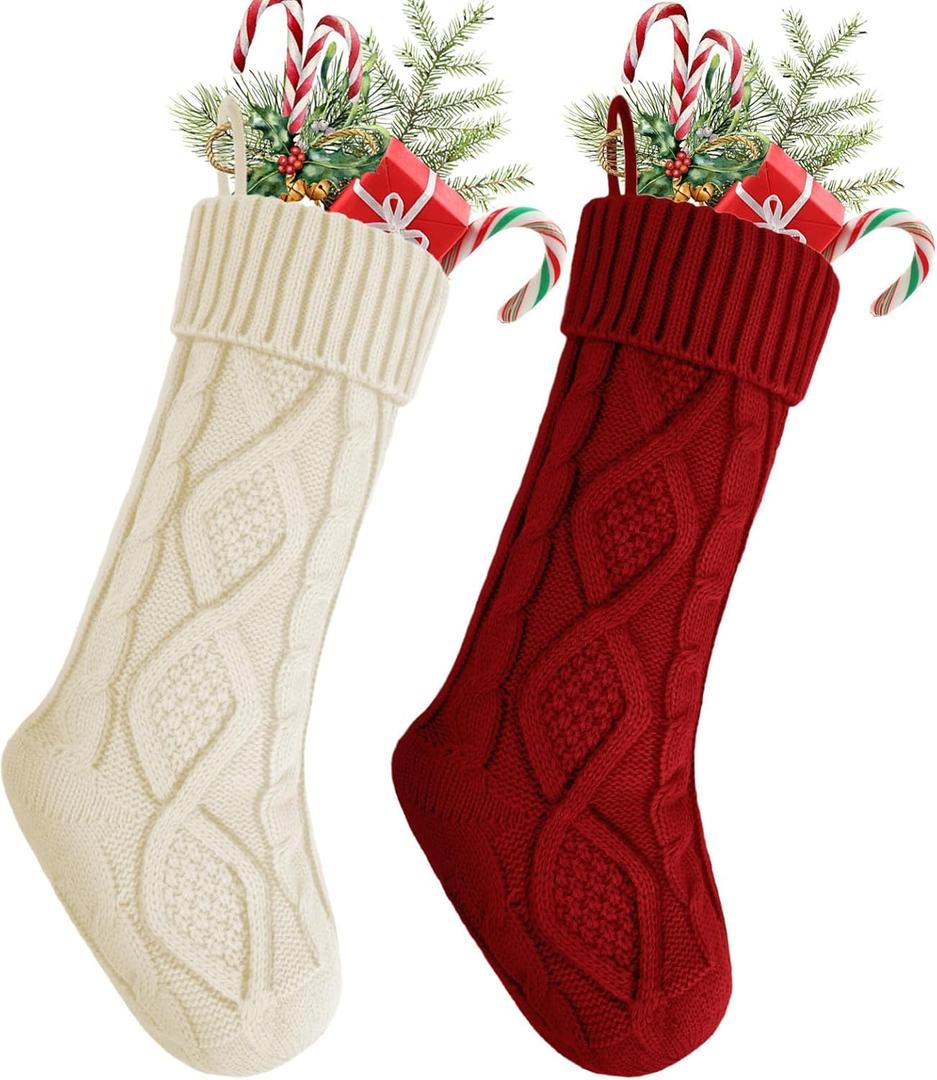 YOGINGO 2 Pack Christmas Stockings - Personalized Christmas Stockings, Large 18 Inches Christmas Stocking Hold All Surprises, Knitted Gift Stockings & Farmhouse Christmas Decor (2pcs Red/White)