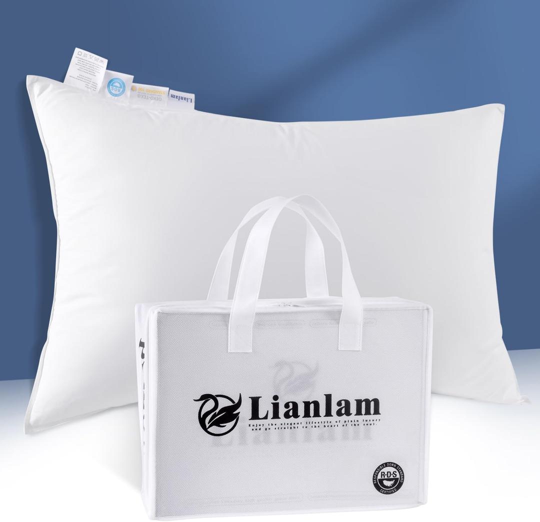 White Goose Down Pillow - 1050+ Fill Power, 800 Thread Count Cotton Shell, Pillow for Neck Pain Relief (1 Pack, 20"x31")