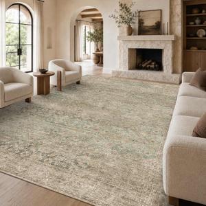 9x12 Washable Boho Area Rug, Beige Green Farmhouse for Living Room