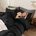 Black Duvet Cover Queen Size 100% Washed Cotton Bedding Set Cover 1 Duvet Cover with Zipper Closure and 2 Pillowcases, 90inch x 90inch (Black-no Comforter)