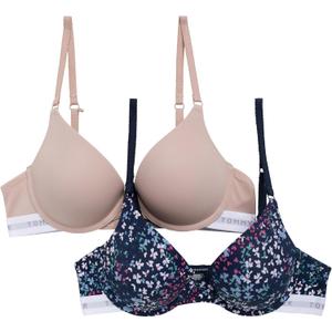 Tommy Hilfiger Womens Microfiber Push Up Bra 2-Pack (34A, Flyaway Floral Sky Captain/Balanced Beige)