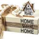 Tatuo 4 Pcs Wooden Farmhouse Decorative Books for Home Decor Coffee Table Faux Books for Decoration White Fake Decorative Home Sweet Stacked Display Set with Beads Garland Shelf Living Room Decor