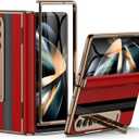 for Samsung Galaxy Z Fold 4 Phone Case [Luxury Premier Genuine Leather][Full Body Hinge Protection][Built-in Screen Protector][Kickstand Drop Proof Protective Cover] for Z Fold4 (Red) (For Z Fold 4, Red)