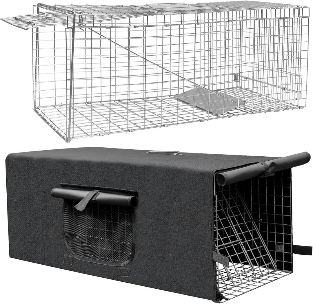 Live Feral Cat Trap Cage with Cover, Heavy Duty Folding Animal Traps Cage for Stray Cats, Humane Cat Trap for Raccoon, Squirrel, Skunk, Catch and Release - (32 x 10 x 12 inches)