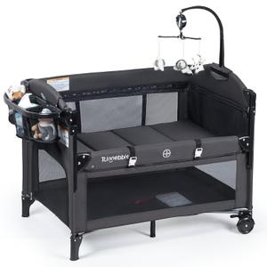 Baby Bassinets Bedside Sleeper, 4 in 1 Portable Bedside Crib w/Mattress, Diaper Changer, Storage Basket, Music Box, Carry Bag, Foldable Playard Sleeper for Newborn (Black)