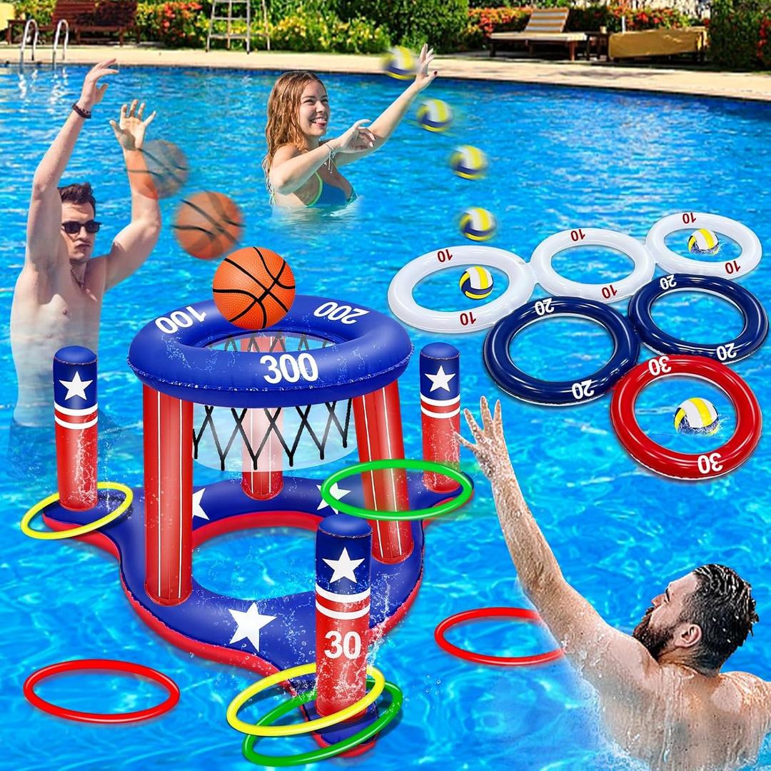 American Flag Pool Toys Games Set, Inflatable 2-in-1 Floating Basketball Hoop and Inflatable Ring Toss Pool Game with Score for Teens Adults Summer Water Pool Toys 4th of July Patriotic Party