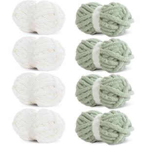 HOMBYS 8 Pack Assorted Chunky Yarn for Crocheting, Super Bulky Large Soft Fluffy Yarn, Plush Fuzzy Yarn, Thick Chenille Yarn for Hand Knitting/Arm Knitting,4 White & 4 Sage Green(27yds,8 oz Each Skein)