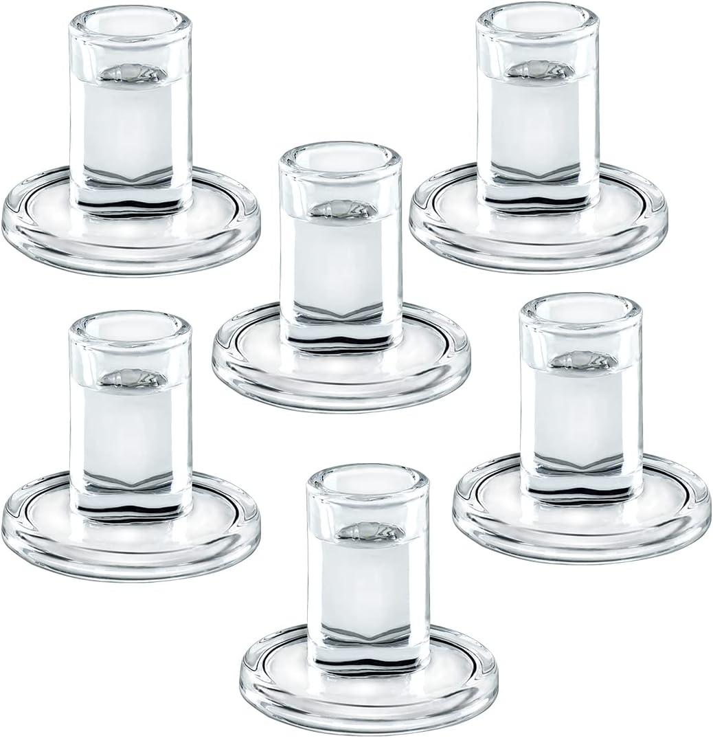Low Glass Taper Candle Holders fit Candle Base Diameter 5/6-7/8 inch- Wedding Table Centerpiece Short Clear Candlestick Holders - Set of 6