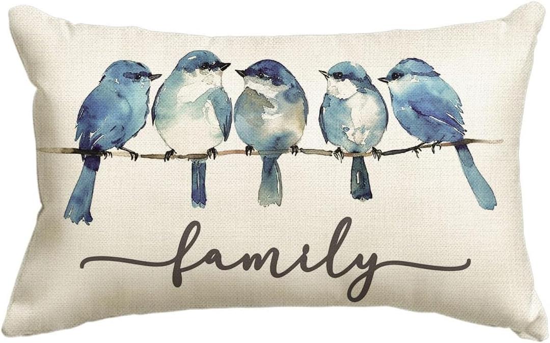 AVOIN colorlife Home Sweet Home Bluebird Family Watercolor Throw Pillow Cover, 12 x 20 Inch Fall Blue Cushion Case Decoration for Sofa Couch