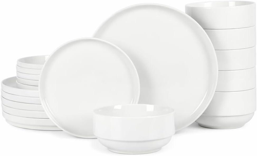 Gibson Home Rothernberg 18-Piece Stackable Porcelain Dinnerware Set, Service for 6  White Plates and Bowls, Microwave & Dishwasher Safe