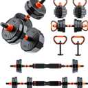 RUNWE Adjustable Dumbbell Barbell Set - 66 lb All-in-one Free Weight, 4 in1 Dumbbell, Kettlebell Pair, Barbell and Push up Bar [Upgraded Double-lock Nuts]