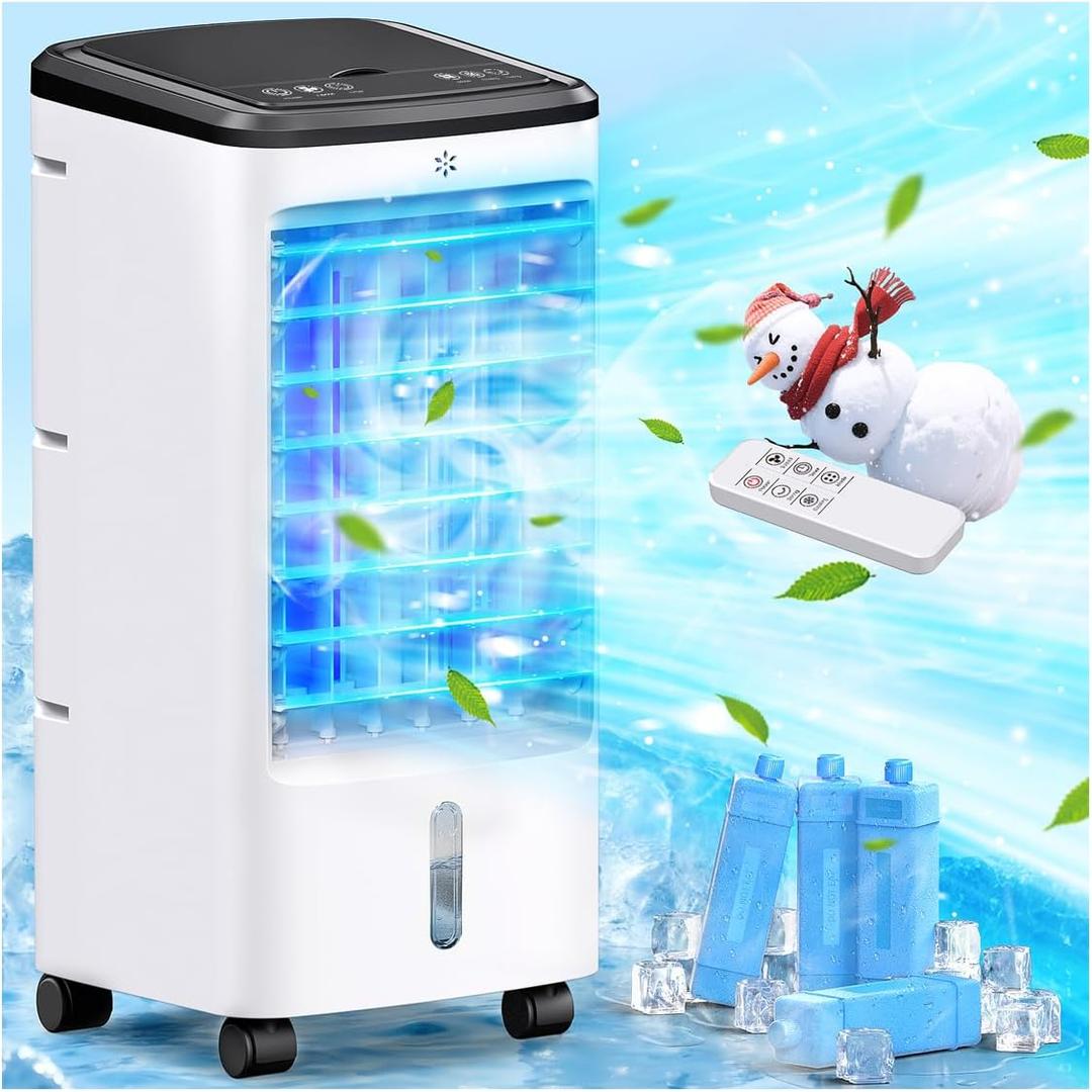 Windowless Air Conditioners, 4 In 1 Portable Swamp Cooler with 2 Water Tanks, Room Air Conditioner with 4 Ice Packs, Remote, 12H Timer, 3 Speeds 4 Modes, Ventless Cooler for Indoor Home Office