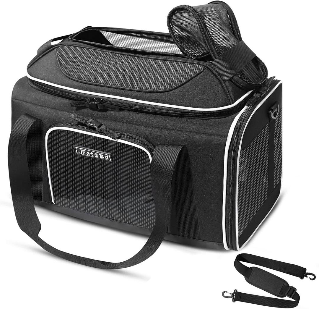 Petskd Top-Expandable Pet Carrier 18x13x9.5 Inches Southwest Allegiant Airline Approved, Soft-Sided Carrier for Small Cats and Dogs with Locking Safety Zippers and Anti-Scratch Mesh(Black) (18.0"L x 13.0"W x 9.5"H, Black)
